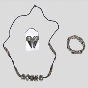 Vintage Necklace Bead Earring & Bracelet Jewelry Set Metal Cord Black Silver OS
